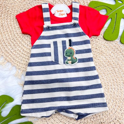Conj. Camiseta Manga Curta e Jardineira Listrada com Bebê Dino - Vermelho e Marinho